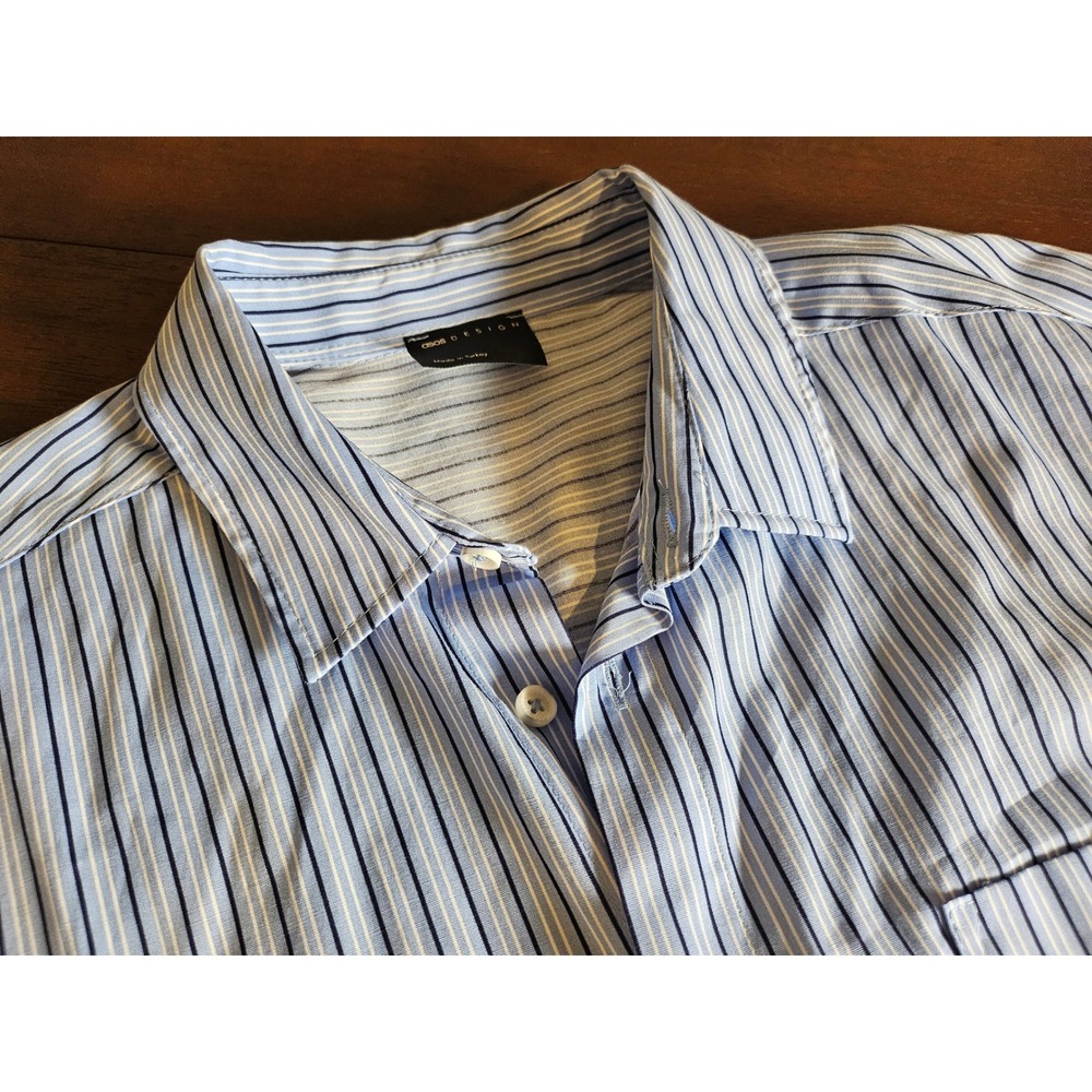 ASOS DESIGN Button Down Shirt Mens L Blue White Striped Paraiso Graphic Cotton